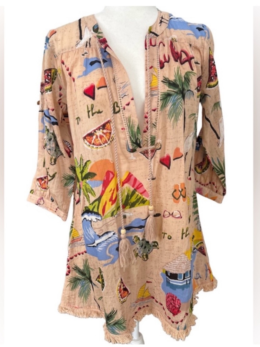 NWT True Destinations Cotton Fringed Tassel Neck Tropical Swim Cover Up Size S